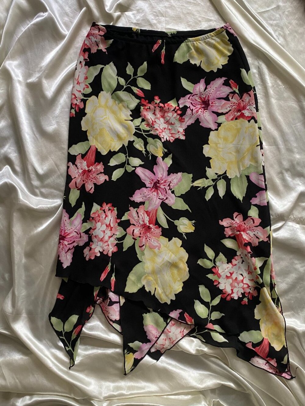 Vintage 1990s Dark Floral Asymmetrical Handkercheif Midi Skirt Fairy Size 10